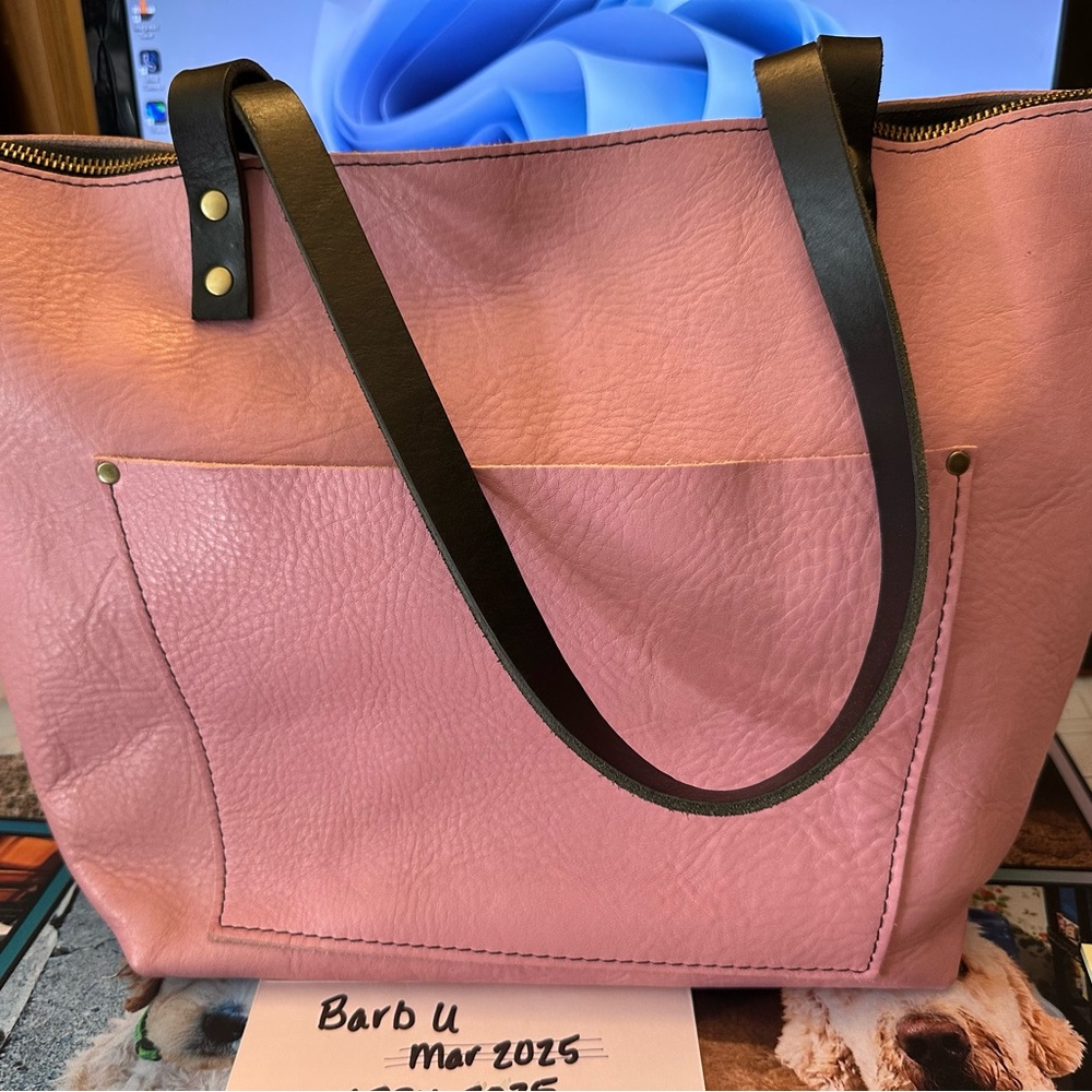 Portland Leather Large Vintage Pink Zippered Leather Tote Bag with Black Straps